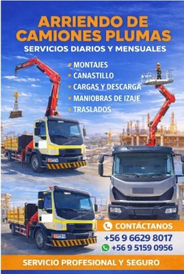 ARRIENDO CAMIONES PLUMAS / DIARIOS / HORAS / MENSUALES DOC AL DIA